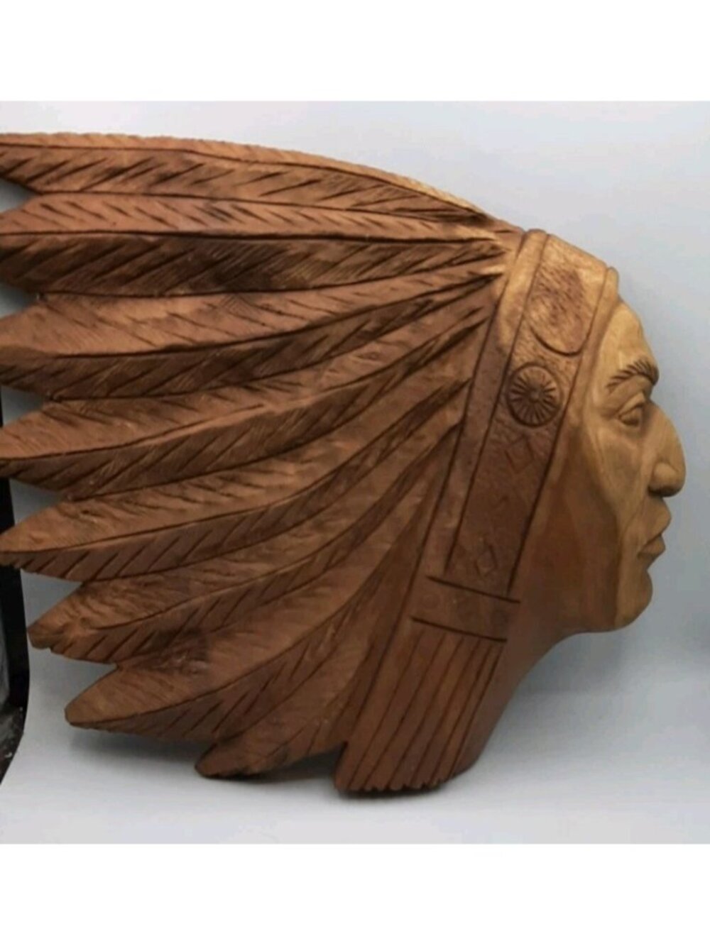 Vtg Handmade Wooden Native American Indian Head Wall Hanging Detailed Folk Art